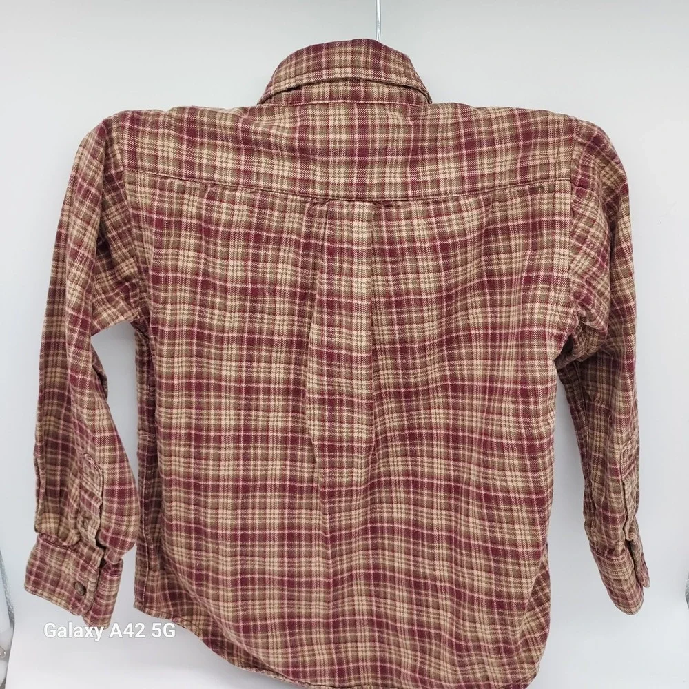 Ralph Lauren Boys Size 5 Plaid Button Down Shirt Burgundy Tan Green Cotton
